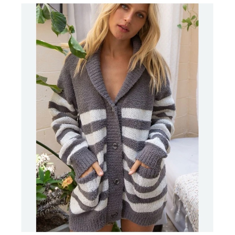POL Jersee Plush Oversized Gray and White Striped Cardigan